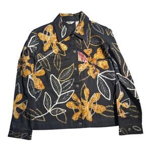 Vtg Y2K Laura Ashley Black Yellow Floral Applique Embroidered Cotton Jacket P M